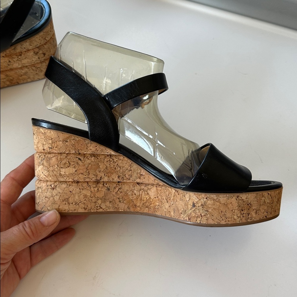 Salvatore Ferragamo Black Leather Cork Wedge Platform Sz 6 Sandals Made in Italy - Picture 10 of 16